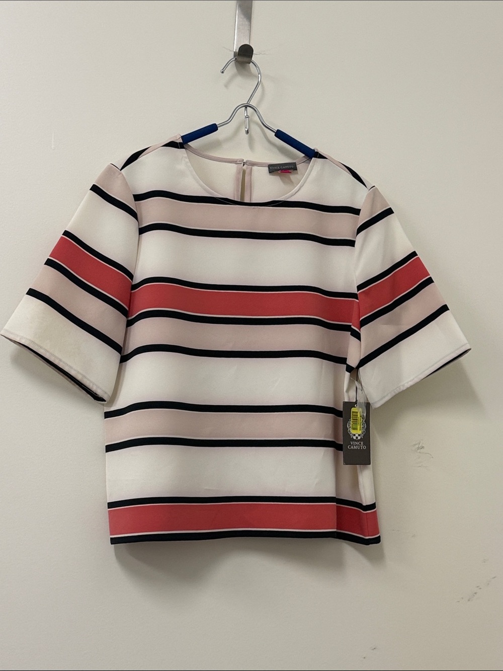 Vince Camuto White Boxy Short-Sleeve Top with Pink & Red Stripes